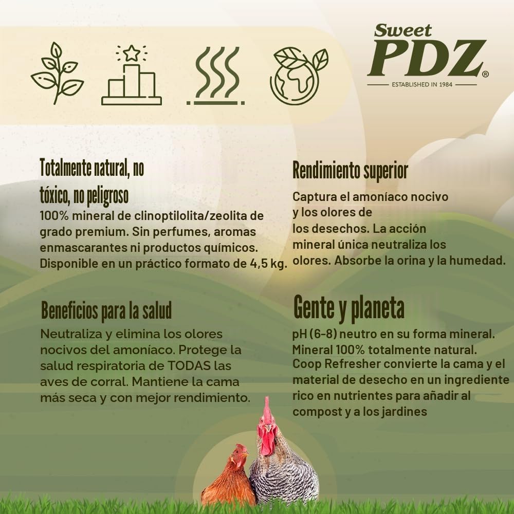 Sweet PDZ - Refrescante de gallinero - Eliminador de olores de zeolita - Accesorio esencial para gallinero - 10 libras