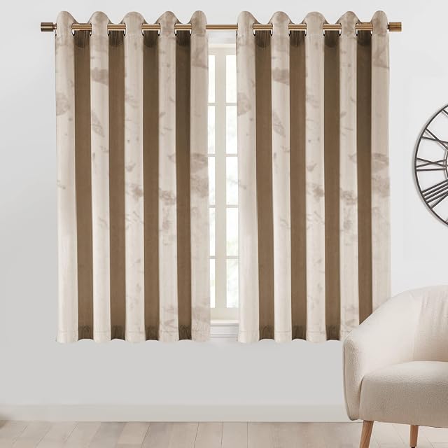 Imperial Rooms Crushed Velvet Eyelet Curtains 46x54 Fully Lined Blackout Beige Curtains for Living Room Bedroom 2 Panels with 2 Matching Tie Backs (116cm x 137cm)