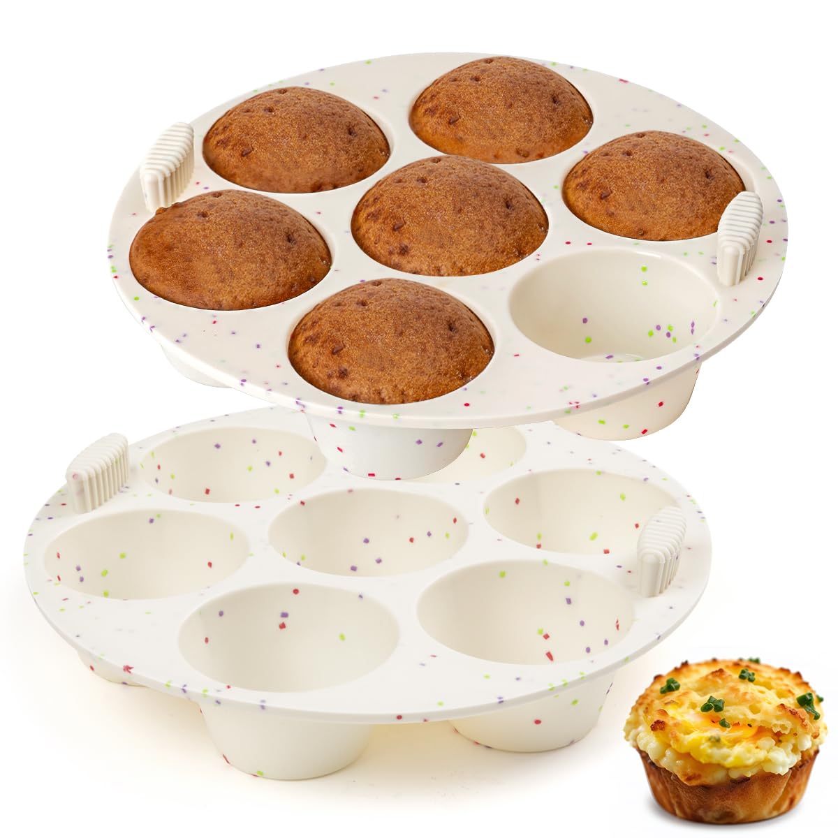 Molde de silicona para magdalenas para horno freidora de aire, olla instantánea, antiadherente, 7 tazas, fácil de manejar, sin BPA, para hornear bocados de huevo, magdalenas, mini quiche, paquete de 2