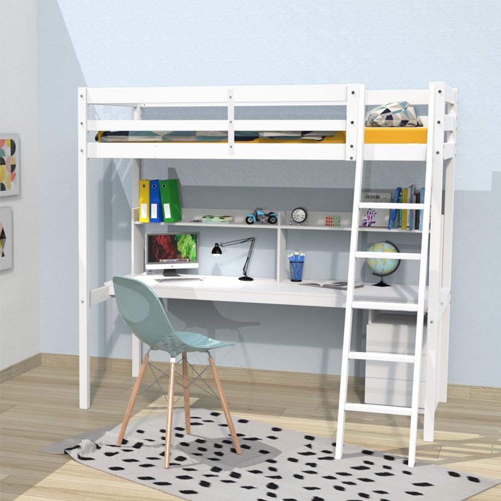 WEBER INDUSTRIES Lit Mezzanine Studio 90x190 + 1 sommier + Caisson 3 tiroirs + Bureau + étagère/​Blanc