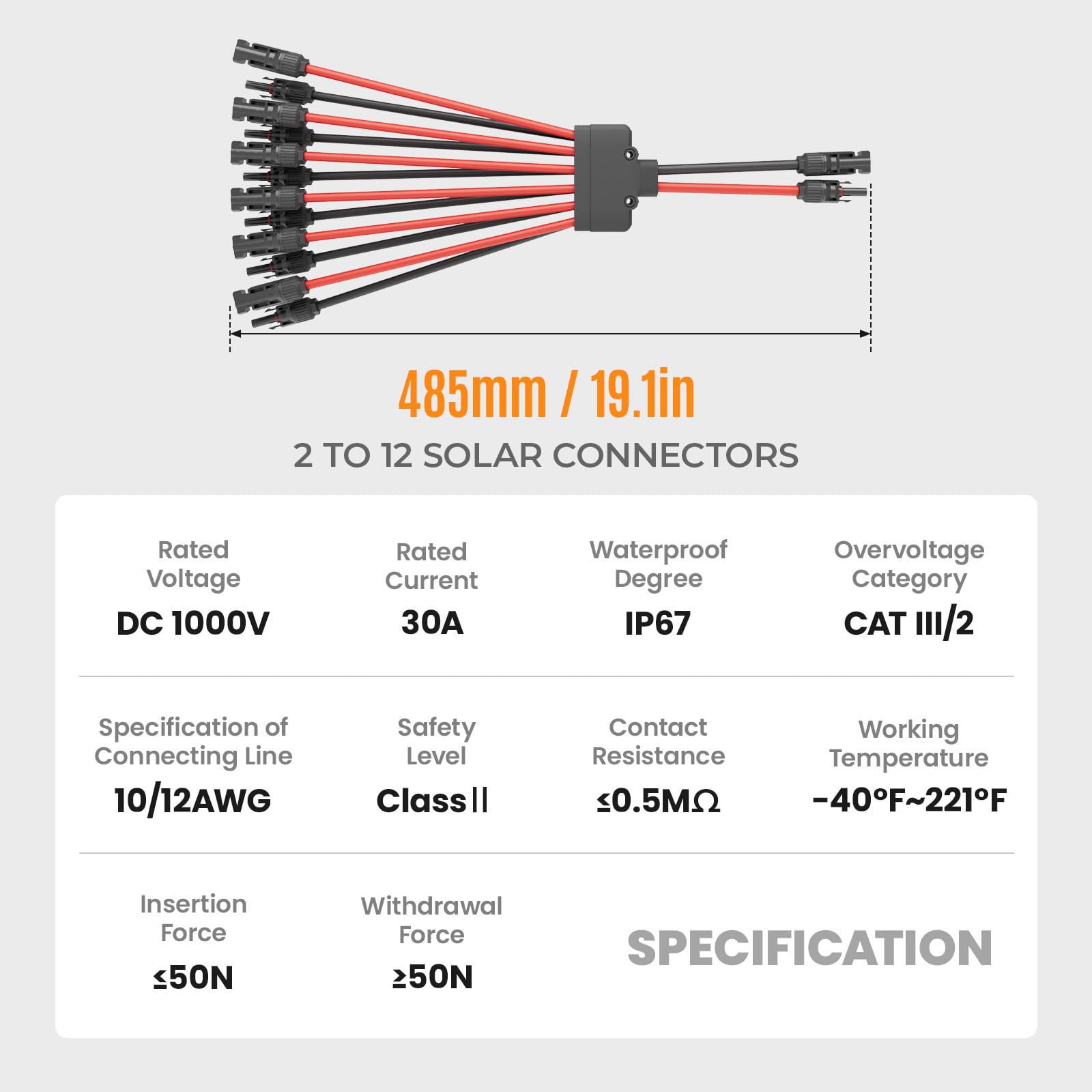 Solarpanel Y Abzweigverbinder 2 bis 12, IP67 Wasserdicht Parallelsplitter Adapter Kit, werkzeugloser Kabelverbinder für PV-Anlage, kompatibel mit 14-10AWG Solardrähten DC1000V 30A