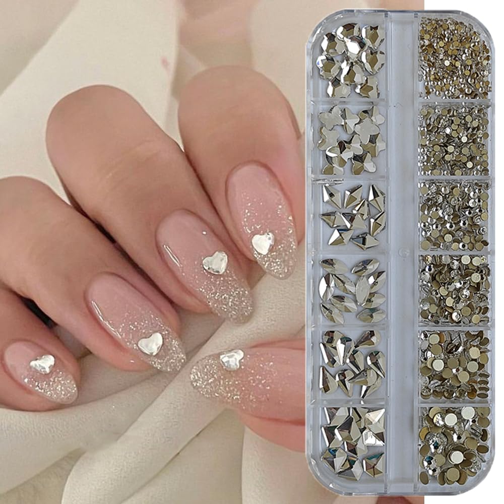 S.A.V.I Crystal Nail Art Rhinestones Kit – 3D Flatback Glass Stones in 6 Shapes & Sizes – Nail Gems for Women & Girls – Silver DIY Manicure Decoration with Picker Pencil & Tweezer-image-45