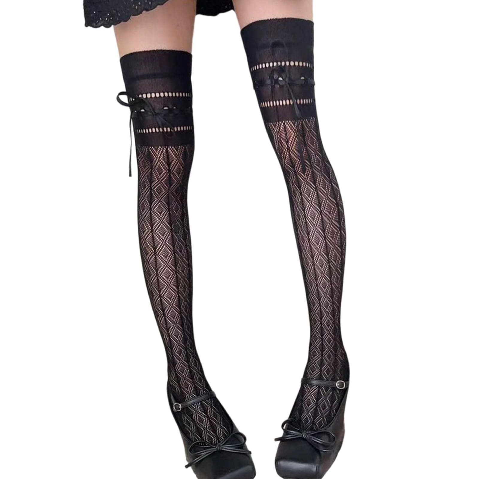 Yuehuiniao Unisex Black Fishnets Stockings Ballet Laced Up Thigh High Nylon Over The Knee Socks For Women Girls Sheer Nylon Hosiery Laced Up, Small-Xx-Large