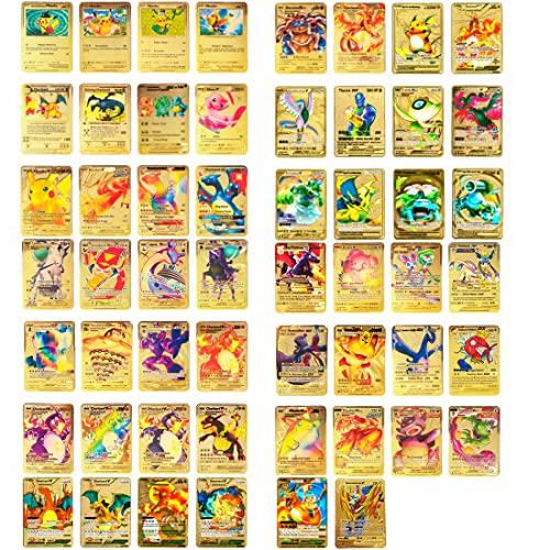 50+ Gold Pokemon Cards Vmax, TCG Charizard Pokemon Celebrations Booster Deck Box, Including 54 PCS Pokémon Assorted Cards(8 GX Rare-12 V Series-22 Vmax Rares-1 DX -10 Commons/ Uncommons-1 Mystery)