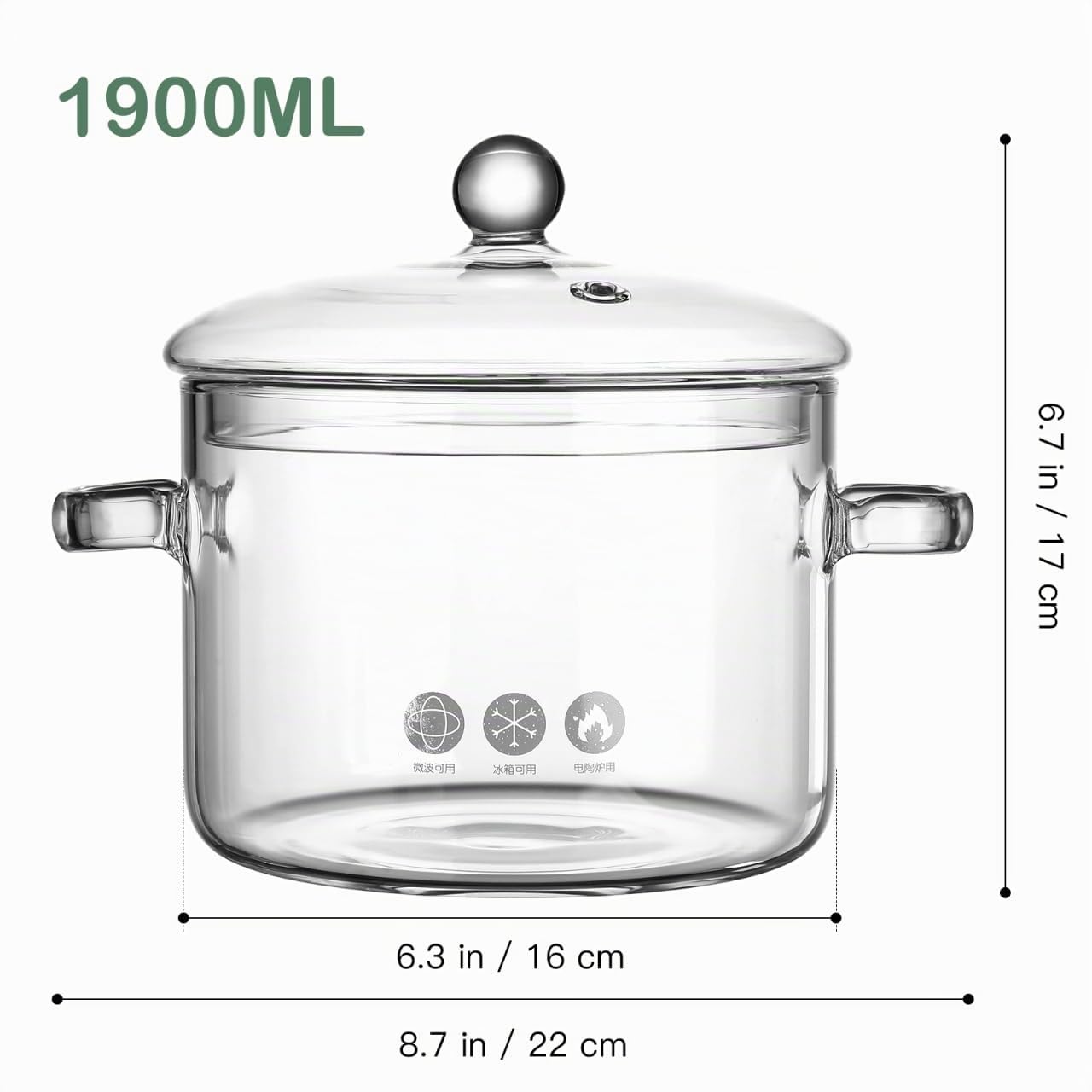 Operitacx Pentola in Vetro Borosilicato 1.9L Con Doppio Manico E Coperchio Trasparente Per Cottura Sicura Su Piani Elettrici E Induzione Ideale Per Zuppe E Noodles