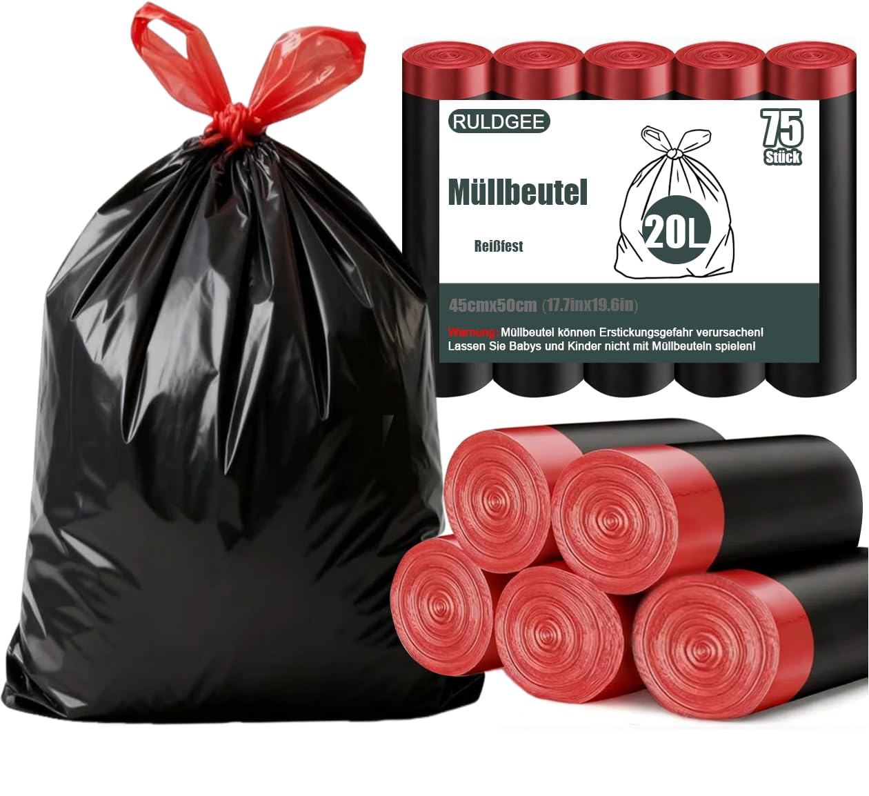 RULDGEE Reißfest Müllbeutel 20l mit Zugband 75 Stück Schwarz Müllsäcke Blickdicht Mülltüten