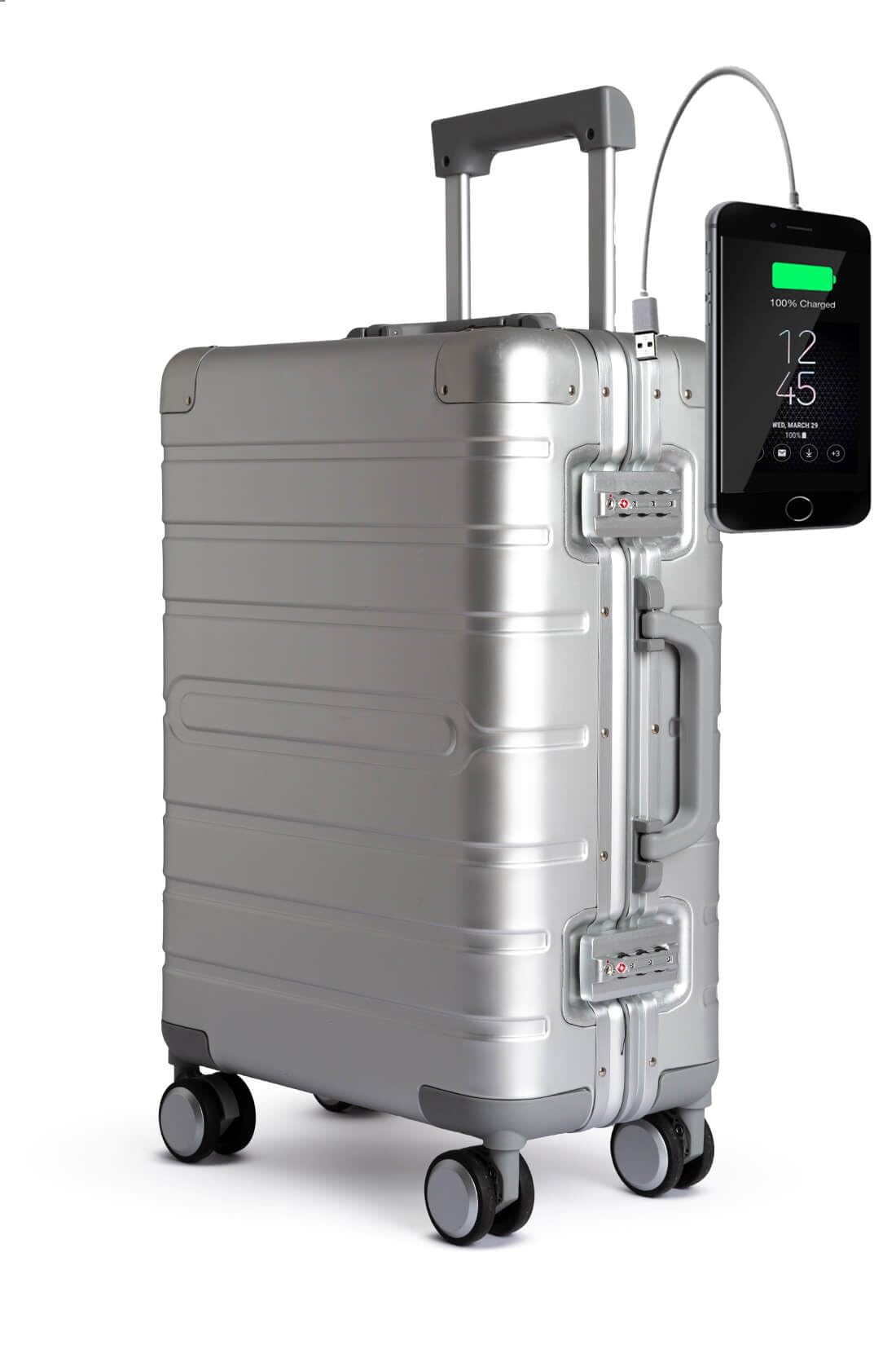 Valigia in Alluminio Bagaglio Cabina Trolley a Mano Rigida 55x35x20 cm SILVER OSAKA con USB e Caricatore | Valigia da cabina in alluminio argento, rigida e moderna; caricatore USB, 4 ruote doppie 360 e chiusura TSA