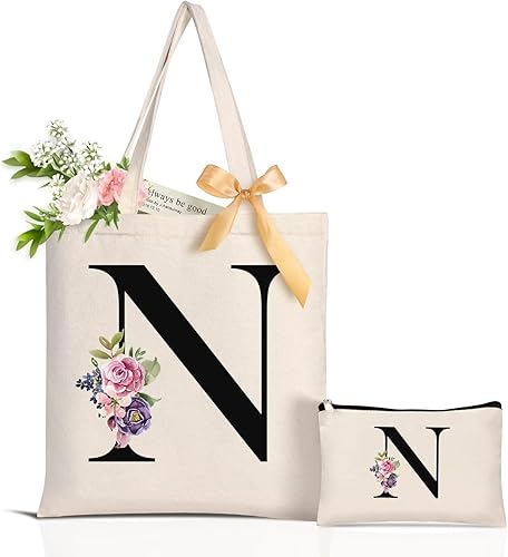 Regalos de cumpleaños personalizados para mujer, bolsa de lona floral con iniciales con 2 bolsillos interiores, regalos de boda para mujeres, dama