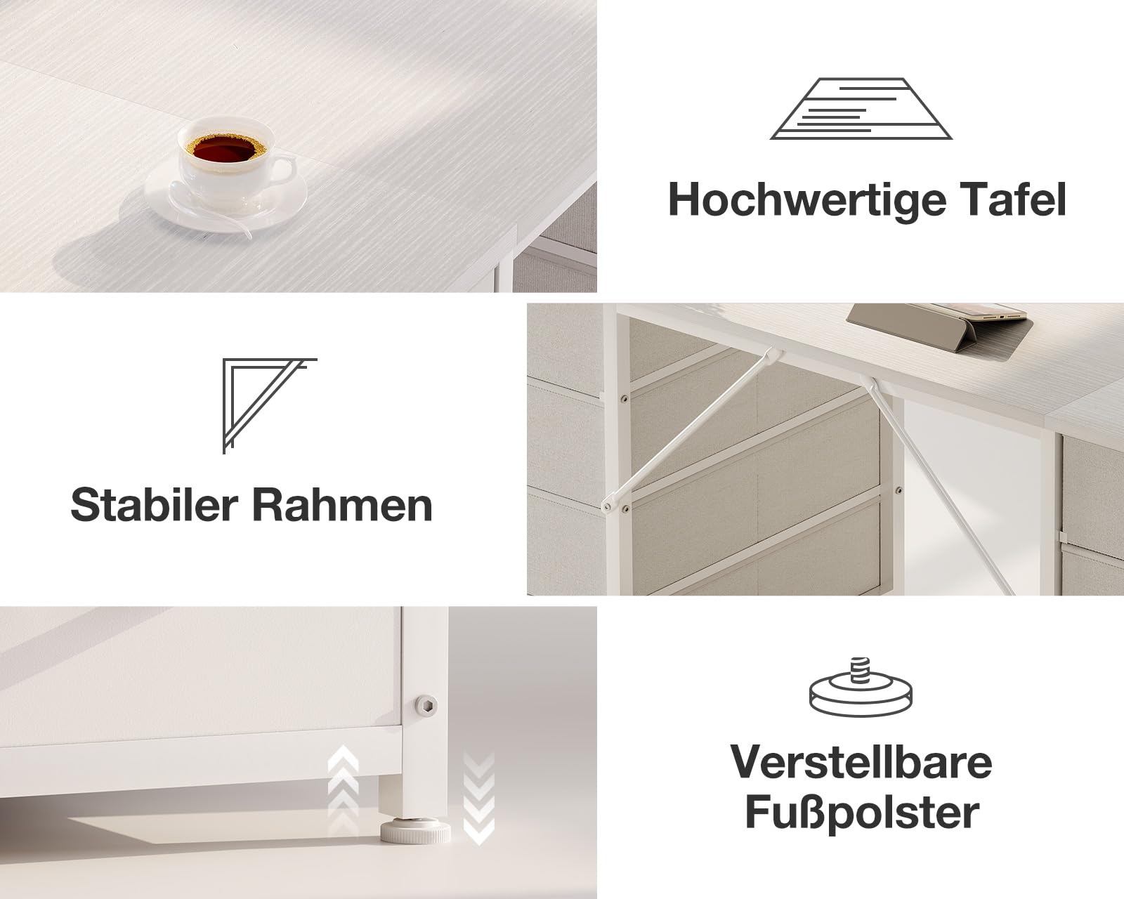 Coleshome Schreibtisch Mit 8 Stoff Schubladen, 120x48cm Schreibtisch Weiß Mit Stauraum Computertisch Vielseitg, Bürotisch PC Tisch Officetisch Für Büro, Wohnzimmer, Home Office
