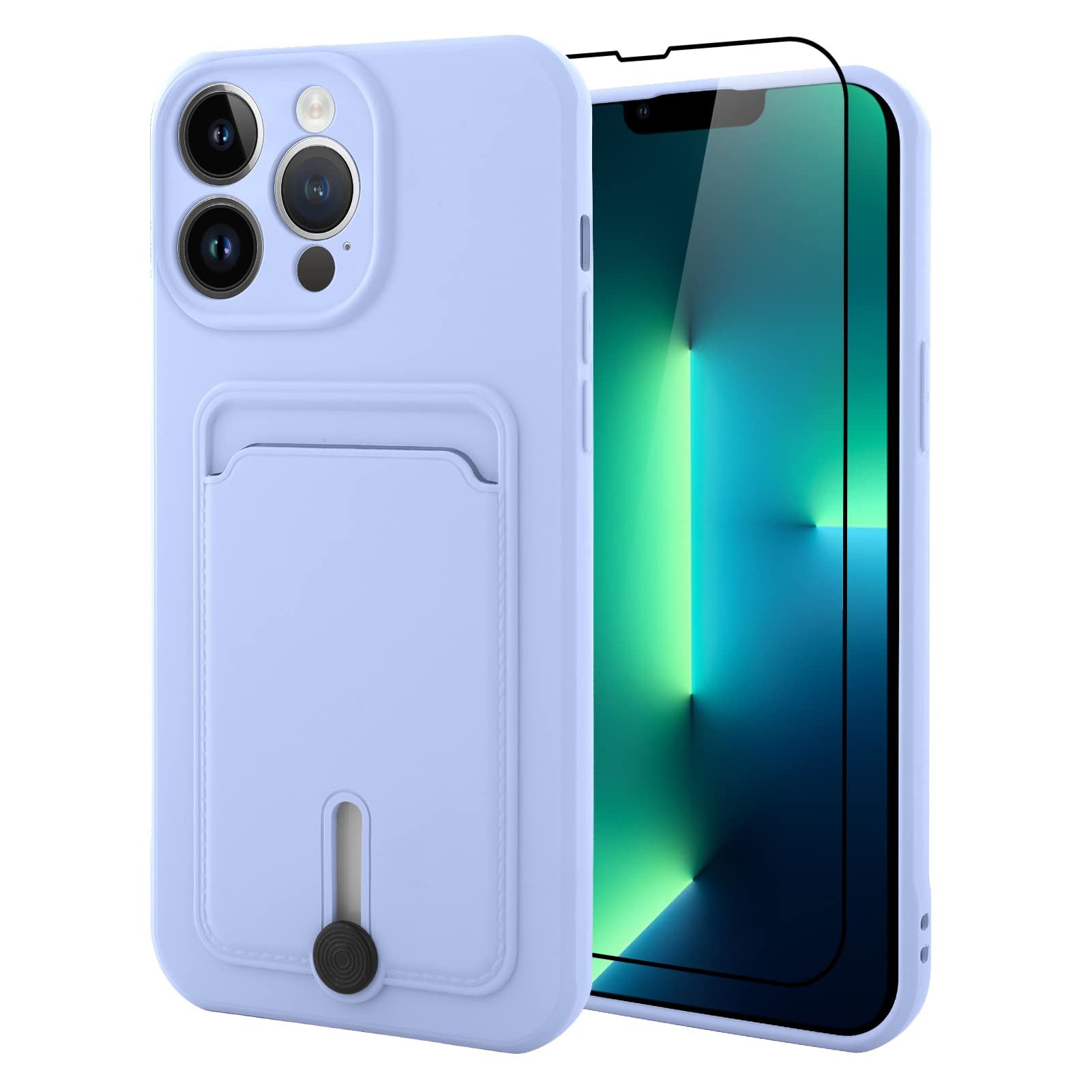 MZELQ TPU Wallet Compatible with iPhone 13 Pro Case, Card Holder Camera Protection Cover + Screen Protector, Push-able Slot for Girls Women -Purple