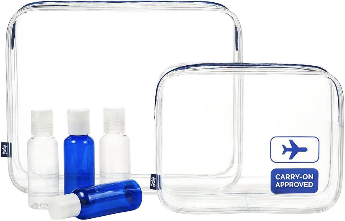 TSA-Approved Clear Travel Toiletry Bag Set - Bonus 4 x 80 ml Bottles Included - Airline Bags Kit Men & Women - Large Bag for Accessories Cosmetics & Makeup - Leak-Proof PVC Plastic - Top Airport eBook