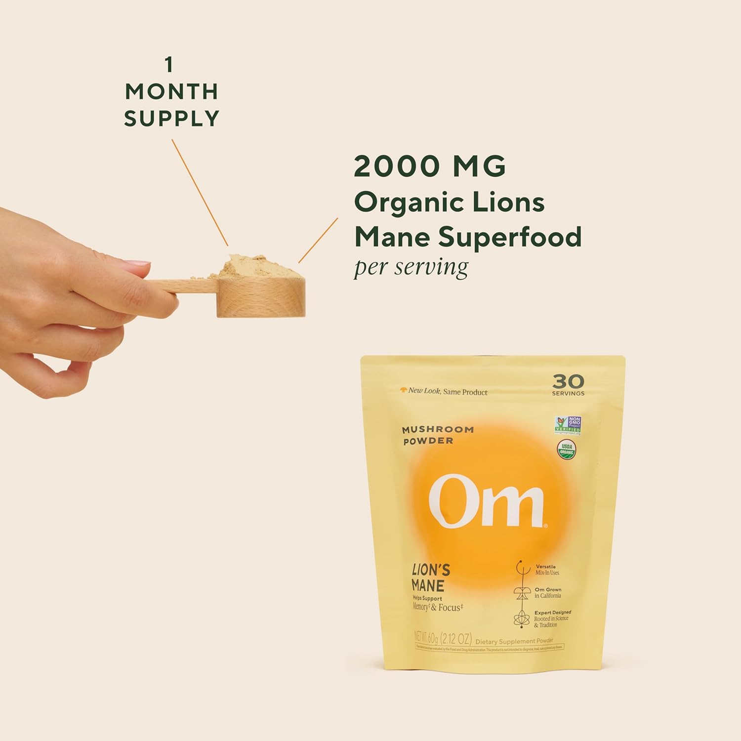 Om Lion’s Mane Mushroom Powder - Organic Mushroom Supplement and Nootropic - Support Memory, Focus and Nerve Health, 3.5 oz (50 Servings)​