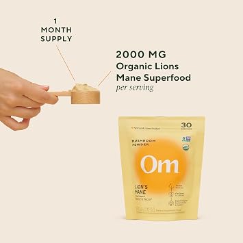 Om Lions Mane Mushroom Powder - Organic Mushroom Supplement and Nootropic - Support Memory, Focus and Nerve Health, 3.5 oz (50 Servings)