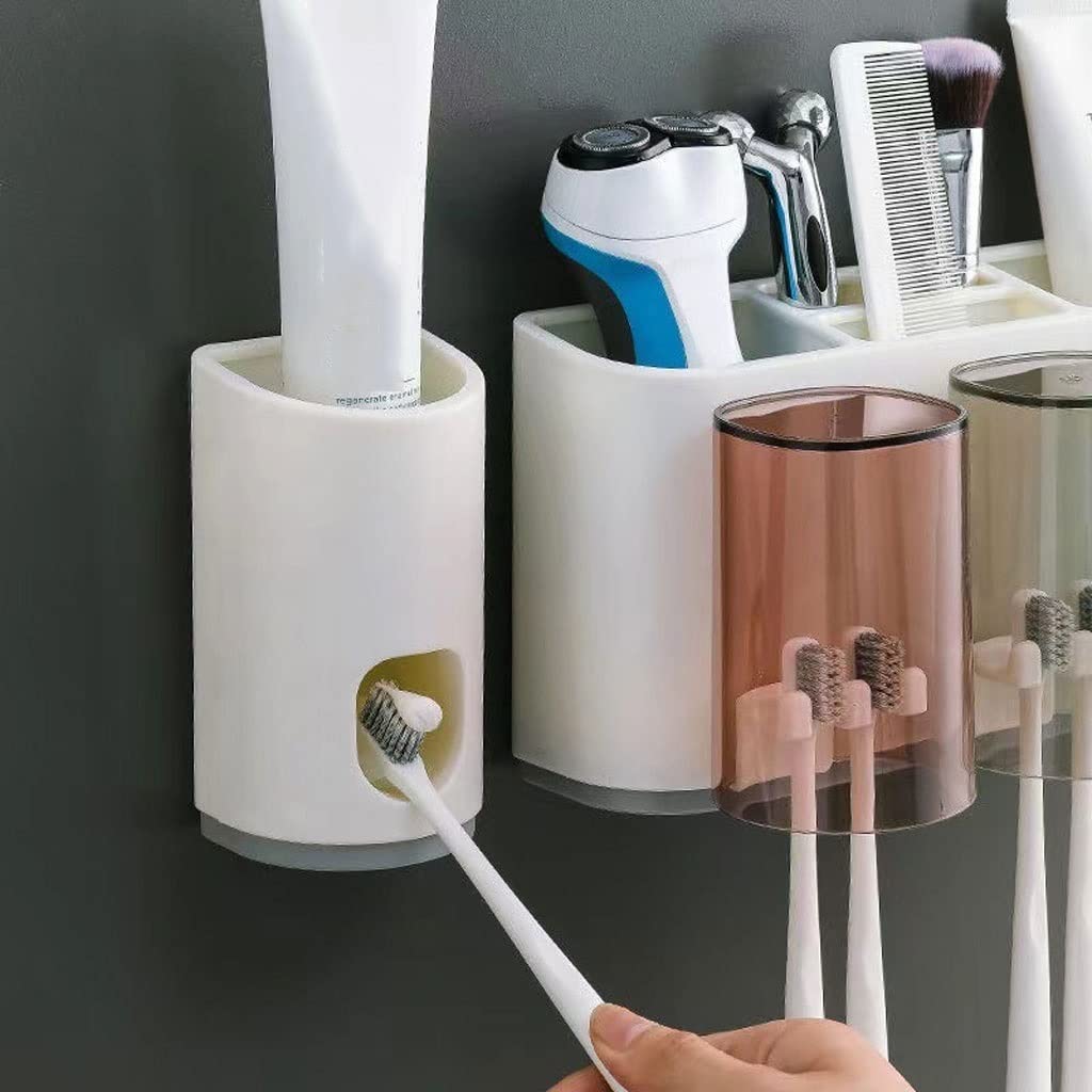 Estante para Cepillos de Dientes Organizzatore da Bagno Montato a Parete a Parete da Denti 4 Slot di spazzolino con Quattro Tazze e Set del Supporto for Compressione del dentifricio(B)