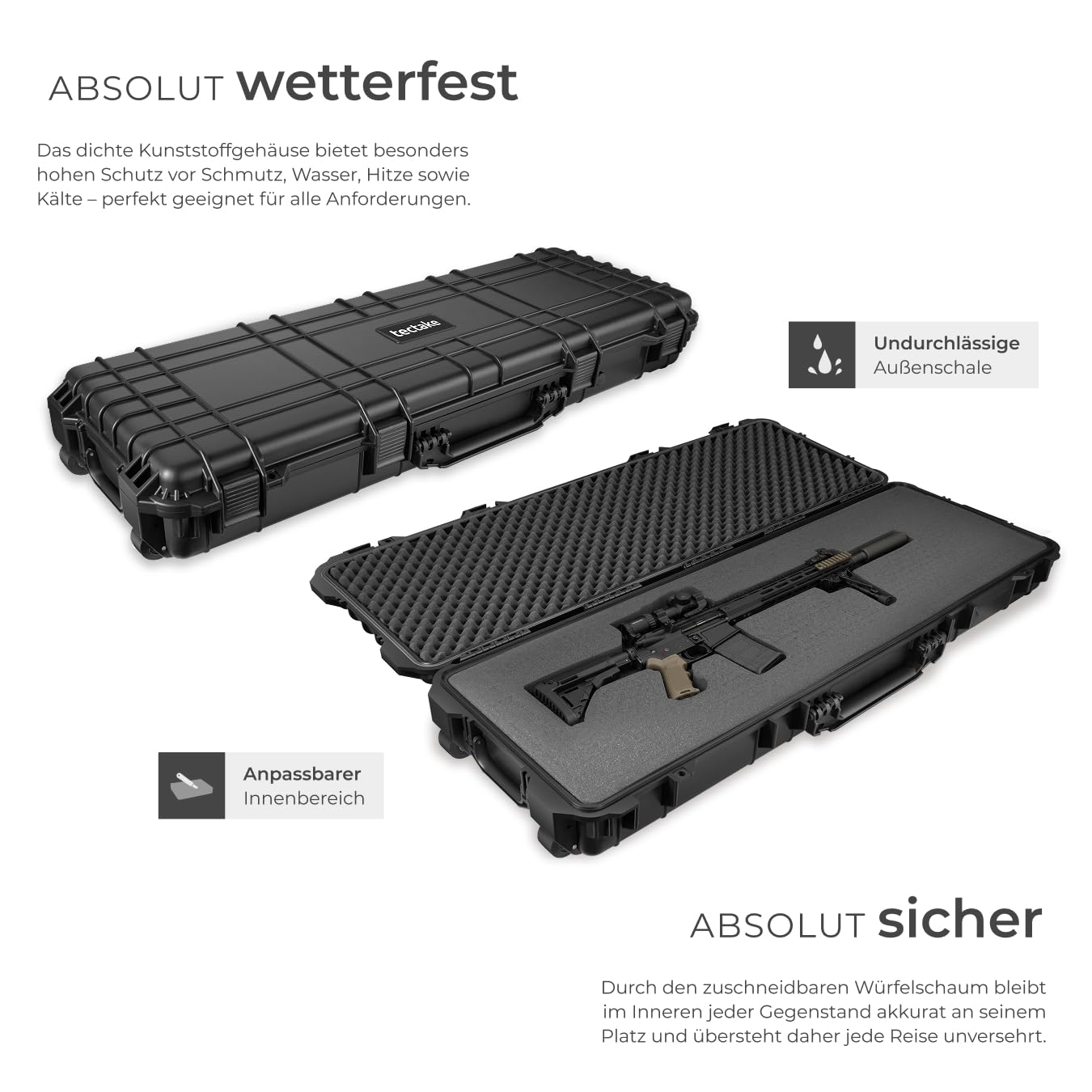 tectake® Gewehrkoffer für Langwaffen, Hardcase Koffer Box leer, Waffenkoffer wasserdicht, mit Würfelschaum, Transportkoffer für Ausrüstung, Airsoft, Pistole oder Luftgewehr 113,5 x 41 x 16 cm