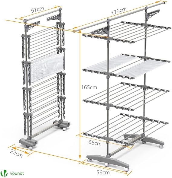 VOUNOT® Large 4 Tier Clothes Airer, Laundry Drying Rack Stainless Steel Clothes Horse with Foldable Wings, Telescopic Rod for Indoor Outdoor