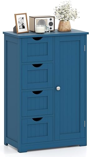 Miniatura 13 de Giantex Armario de baño, armario de almacenamiento independiente con 1 puerta y 4 cajones, estante ajustable de 3 niveles, sistema anticaído,