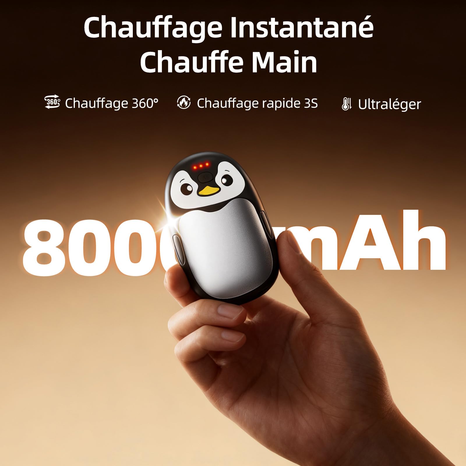 Chauffe Main Electrique 2 en 1, Blanc Chaufferette Main Reutilisable 8000mAh Rechargeable par USB, 3 Niveaux de Chauffe, Cadeaux Hiver Unisexes, pour Camping et Sports en Extérieur