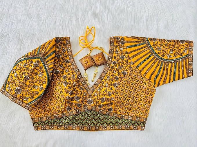 Image of Pujia Mills Mills Women's Fancy Readymade Heavy Coding Embroidary Worked Half Sleeve Multicolor Saree Blouse(Mushroom)