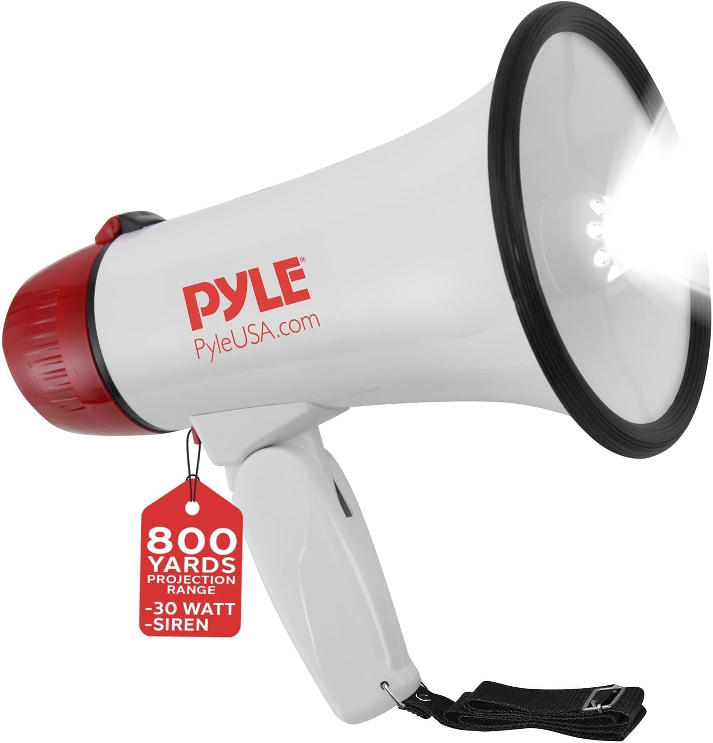 Pyle – Altavoz megáfono PA de 30 W con sirena integrada y luces LED, control de volumen ajustable para fútbol, béisbol, baloncesto, animadoras,
