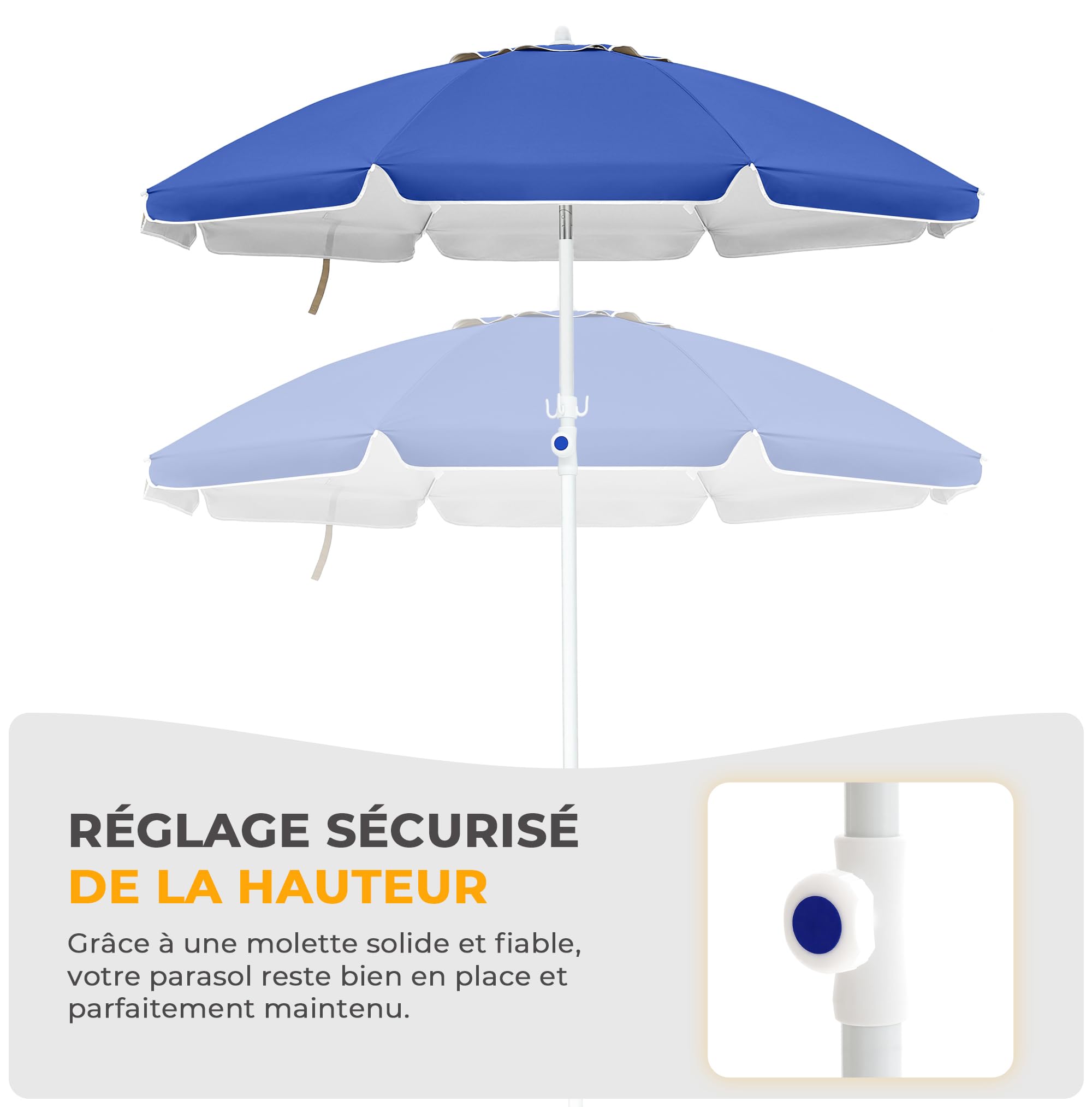 Palawano 1.6M Parasol Plage Inclinable Anti UV et Vent, Parasol de Jardin Exterieur UPF 50+, Ombre Solaire Extérieure Portable pour Jardin, Plage, Piscine, Patio (Bleu Clair)