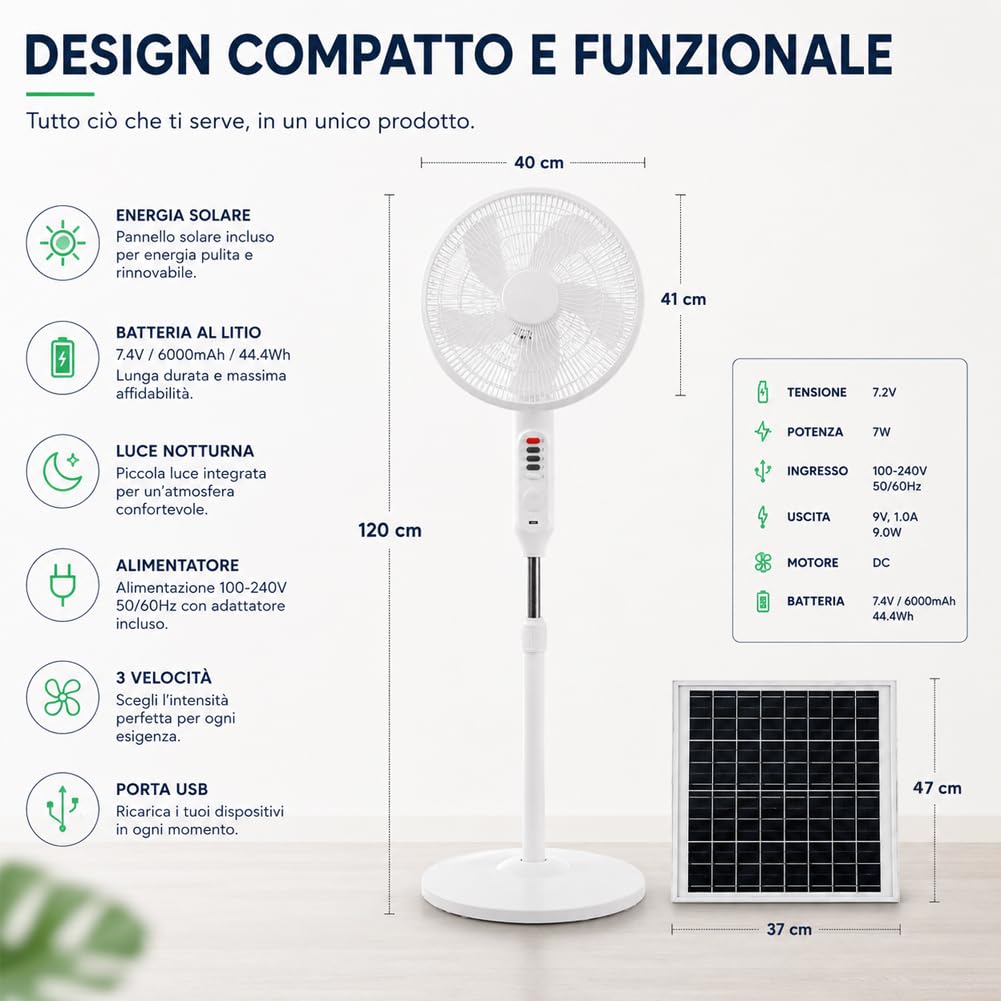 BAKAJI Ventilatore a Piantana a Batteria con Pannello Solare e Luce Nottura, Air Fun con 3 Velocità Selezionabili e Consumi Ridotti, Diametro 40 cm e Altezza Totale 120 cm, Potenza 7W, Silenzioso