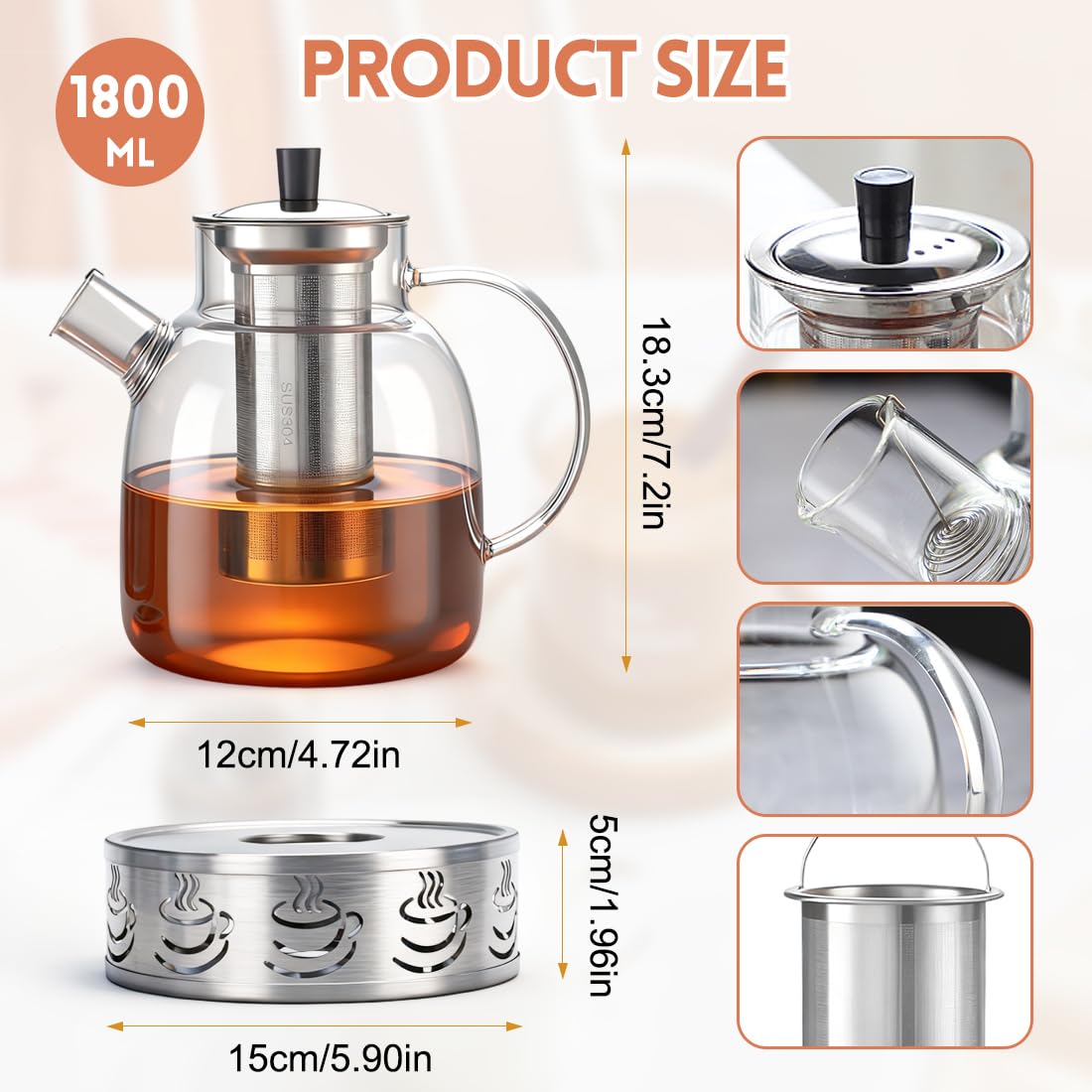 Dzbanek do herbaty z podgrzewaczem, 1800 ml, szklany dzbanek do herbaty z sitkiem ze stali nierdzewnej i pokrywką, odporny na wysokie temperatury, dzbanek do kawy, szkło borokrzemowe, zaparzacz do