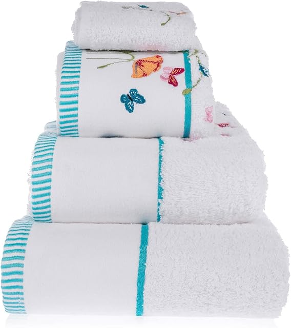 HOMESCAPES 100% Turkish Cotton 'Floral Butterfly' White Bath Towels Set Colourful Butterfly and Flowers