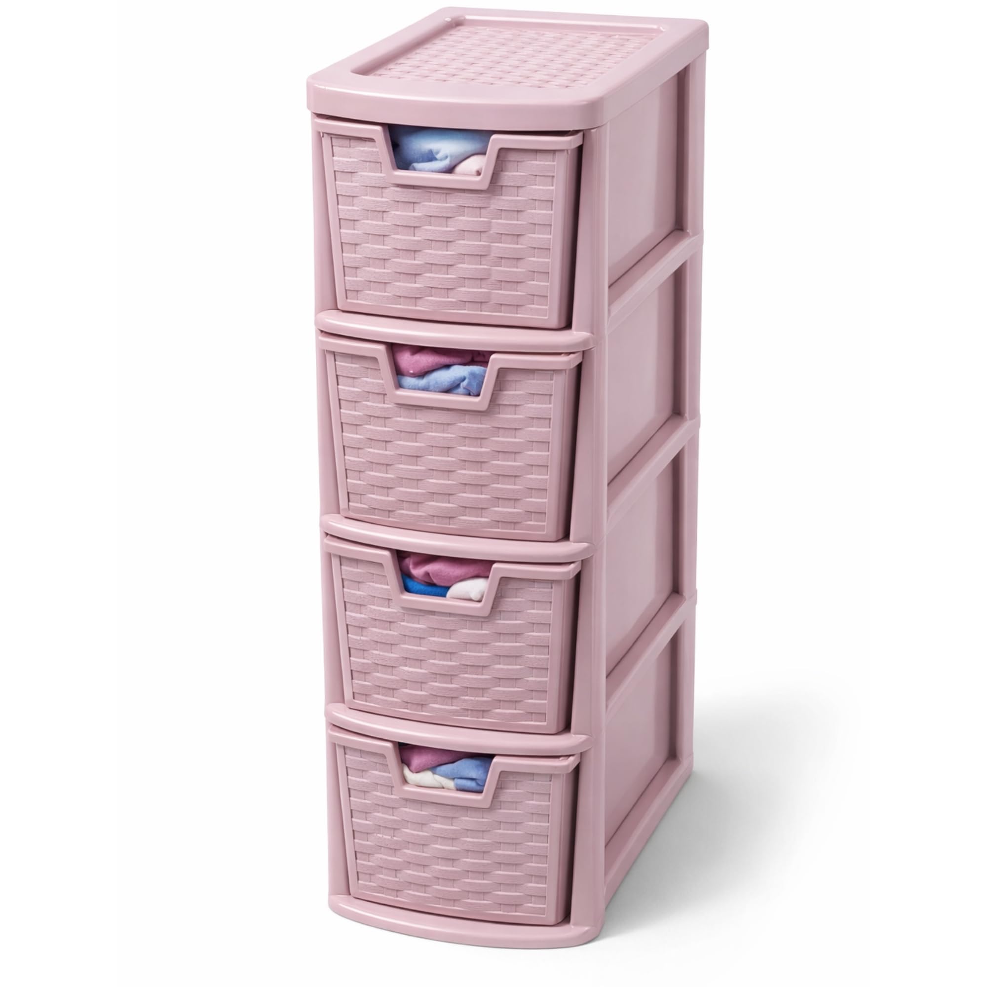 KYY'Z Rattan Effect Drawer Plastic Storage Organizer- Multipurpose Storage Drawer Unit Home Kitchen Office School Garage Bedroom Bathroom Stationery Toys 25Dx19Wx 62Hcm (Pink, 4 Tier)