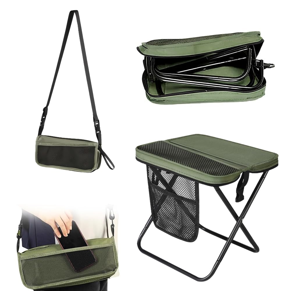 KQWVZ Portable Foldable Backpack Stool, Folding Mini Outdoor Camping Stool with Shoulder Strap,Supports up to 120 KG, Lightweight Folding Stool for Fishing Travel Hiking Picnic(Green, Large)