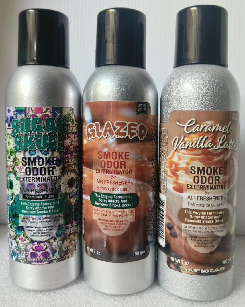 Smoke Odor Exterminator 198 gm/ 7 oz Large Spray Assorted Sugar Skull Set of Three Cans.Includes Sugar Skull, Glazed & Caramel Vanilla Latte.