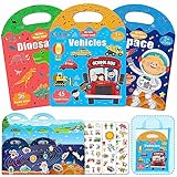 iGetooy 3 Sets Reusable Sticker Books for Toddlers 1-3, 116 Pcs Waterproof Stickers for Kids, Road Trip Toddler Airplane Train Car Travel Essentials Toy