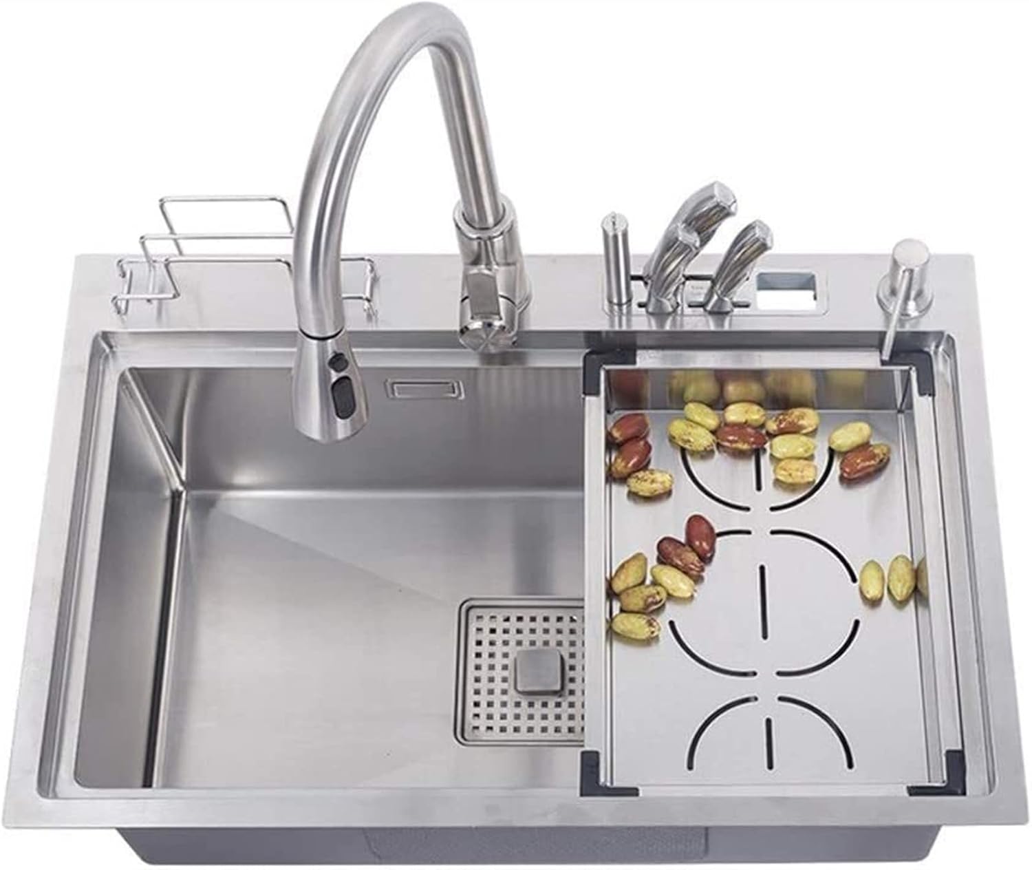 円 売れ筋新商品 キッチンシンク ストレーナーのまな板ラックコンボ 完全な配管キットの排出業者の廃棄物下のトップマウントドロップイン設置 680x460x240mm