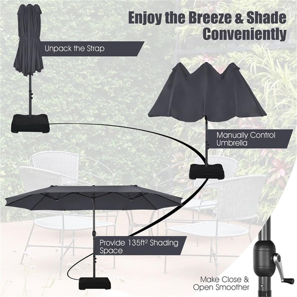 Pemberly Row 15 Ft Patio Double Sided Outdoor Market Umbrella, Gray Canopy, Vented Design, Hand-Crank Adjustment, Weighted Base, 12 Rib Durable Structure, Garden, Patio, Residential or Commercial Use