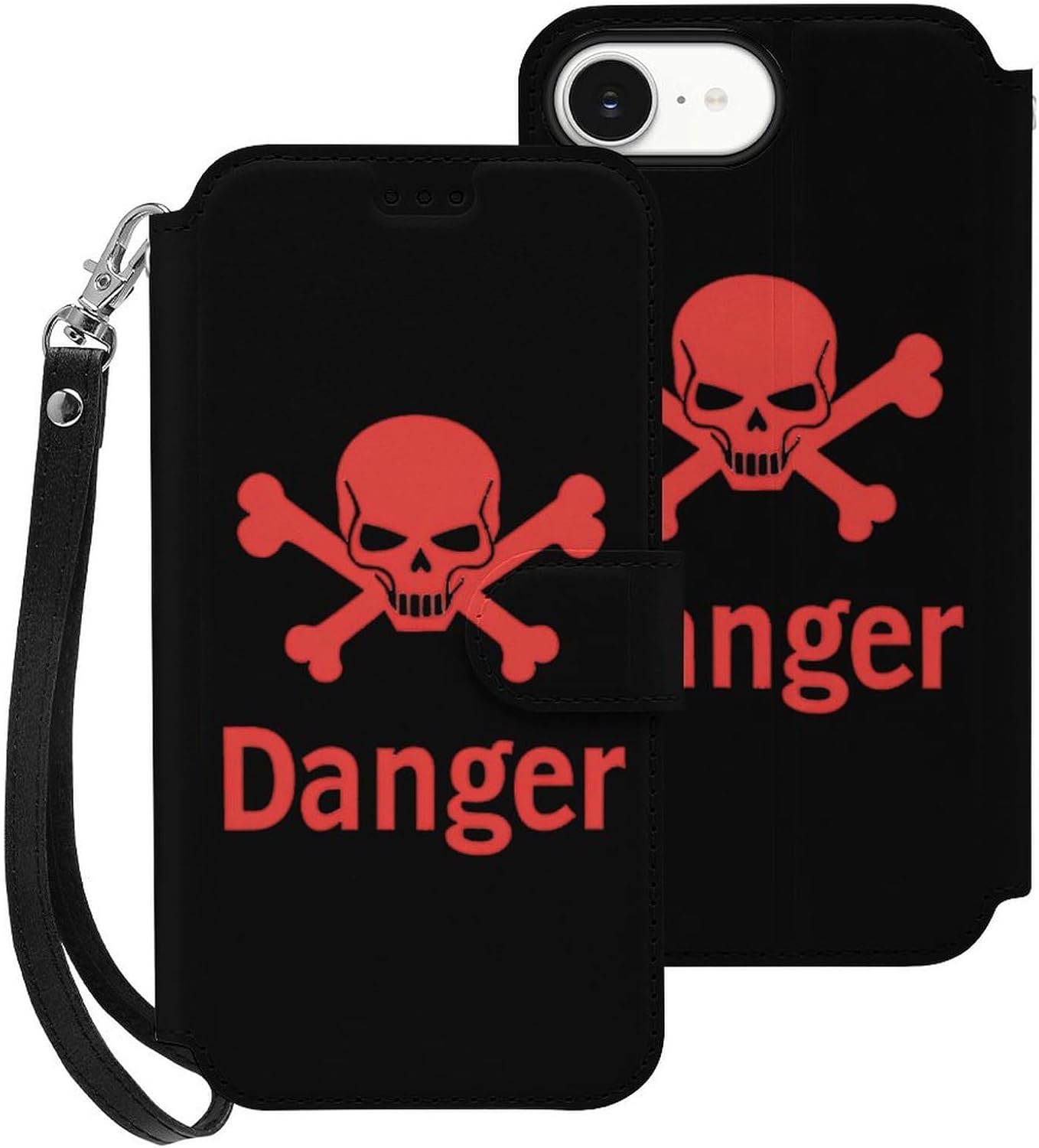 Danger Death Skull Head Compatible with iPhone 16/16 Plus/16 Pro/16 Pro Max/16 E Case Phone Wallet Card Holder Flip Cover with Wrist Strap