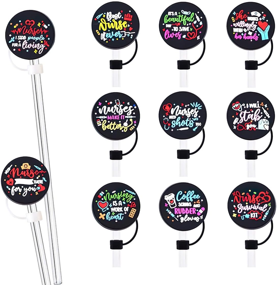 12PCS Nurses Themed Straw Covers Topper Caps for Tumblers, Funny PVC Silicone 10mm Dringking Straws Toppers Protector Dust-Proof Reusable Bulk, BPA Free, Eco-Friendly fit for Party Gifts - Image 3