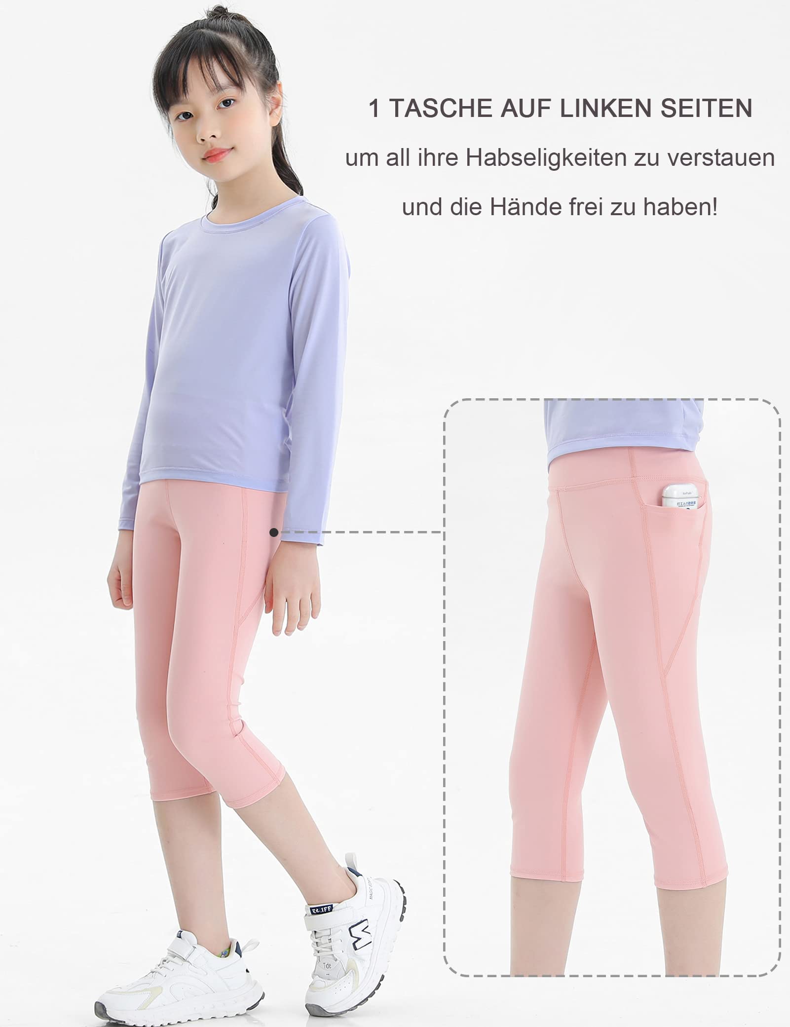 Kiench Leggings para niña con bolsillos 3/4, pantalones de deporte, yoga, capri, 2 unidades