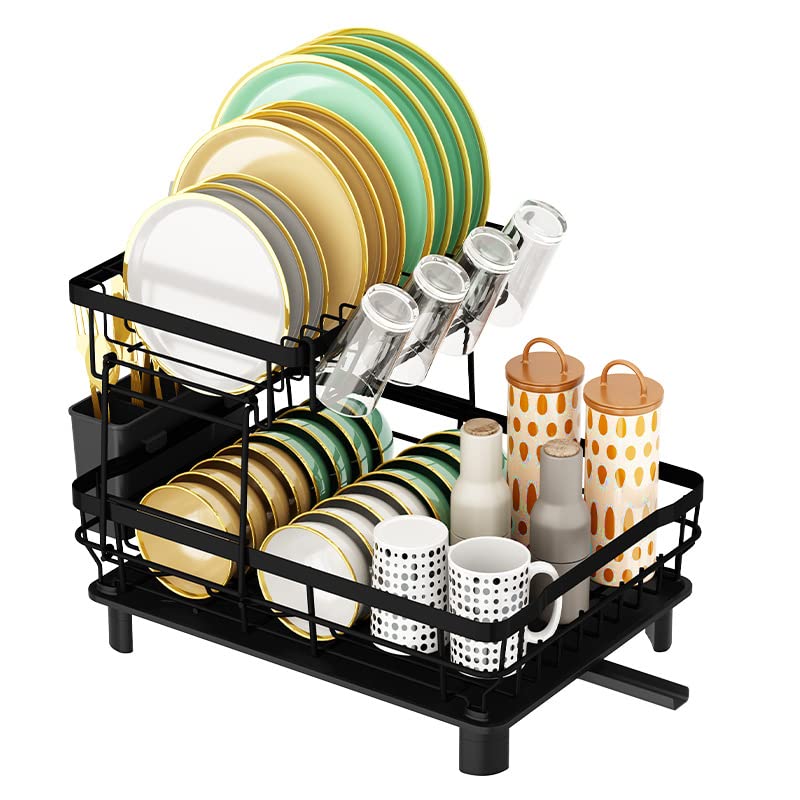 Dish Drying Rack, 2 Tier Dish Rack and Drainboard Set, Large Capacity Dish Drainer Organizer Shelf with Utensil Holder, Dish Drying Stand Cup Dishes Racks with Drain Tray for Kitchen Plates Organizer