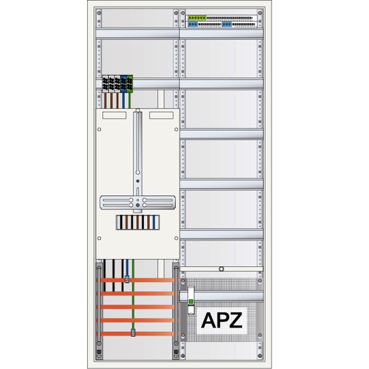 WITTKOWARE 3-Punkt Zählerschrank Komplettschrank 1Z | Verteilerfeld 5-reihig mit APZ-Raum & HLAK | VDE 0603 Einfamilienhaus-Zählerplatz 2-feldrig 400VAC 63A IP43 550x1100x210mm