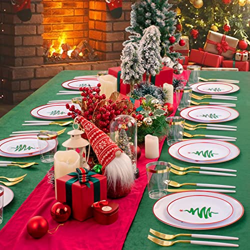 Supernal Christmas Plastic Plates, Gold Plastic Cutlery – 180pcs Elegant Disposable Dinnerware with White-Gold Knives/Forks/Spoons, GoldRim Clear Tumblers, Premium Christmas Tableware for 30 Guests – Image 7