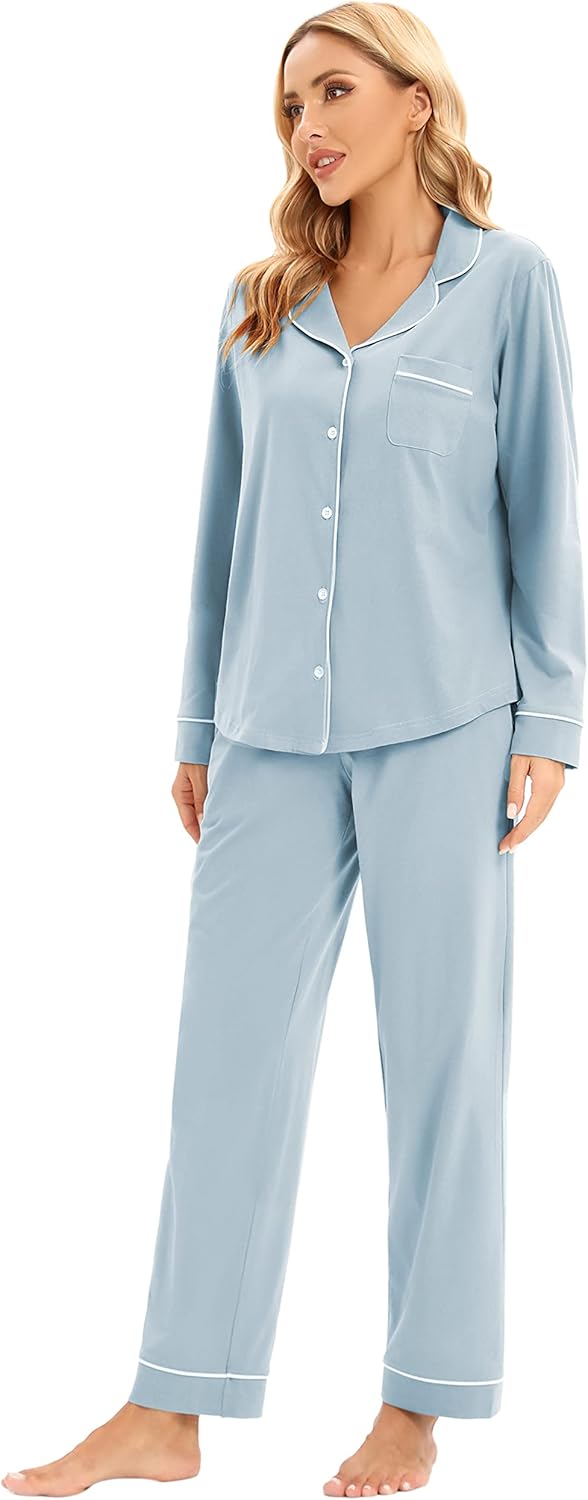 LUBOT 100% Cotton Pajamas for Women PJ Set Soft Button-Down 2 Piece Set Knitted Long Sleeve Sleepwear Loungewear XS-XXL - Image 4