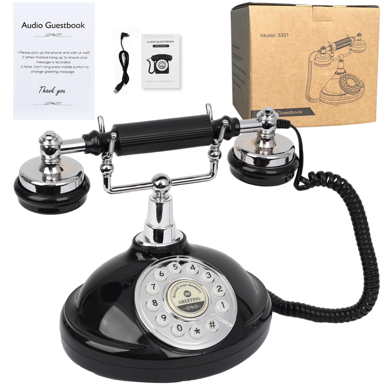 Wedding Phone Audio Guest Book, Record Custom Audio Message with Retro Phone Audio Guest Book for Wedding, Birthday, Party, Confession (Black Phone)