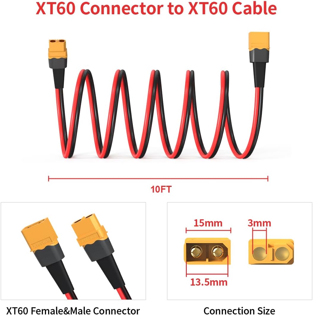 ELFCULB 10AWG 10FT XT60 Extension Cable 2 6 10 20 35 50 75 100FT XT60 Female to Male Connector for RC Battery Portable Power Station Solar Panel(10FT)