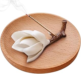 WAYUTO Vivid Magnolia Flower Incense Holder with Wood Tray Ceramic Incense Burner Decorative Incense Stick Burner Ash Catcher for Home Decoration