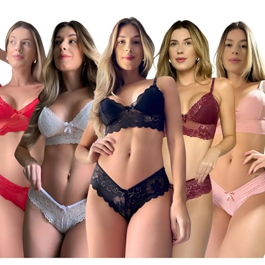Kit com 5 Conjunto de Lingerie Feminina em Renda, 2 Peças, Sutiã e Calcinha (Diversos, M)