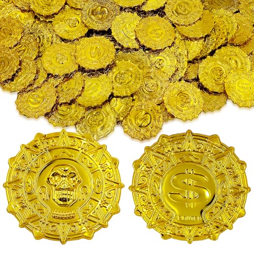 Gold Pirate Coins Set of 100, Plastic Gold Play Treasure Coins Toys for Play Favor Party Supplies, Pirate Party, Treasure Hunt Game and Party Favors