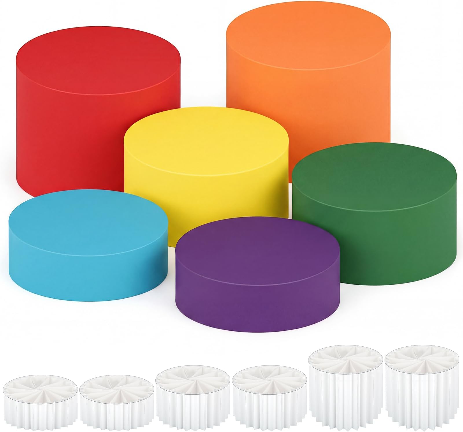 6 Pack Colorful Buffet Risers with Acrylic & Cardboard Foldable Cake Display Stands for Dessert Table Rainbow Color Cylinder Stand Heavy-duty Cake Riser Columns for Wedding Birthday, 3 Size