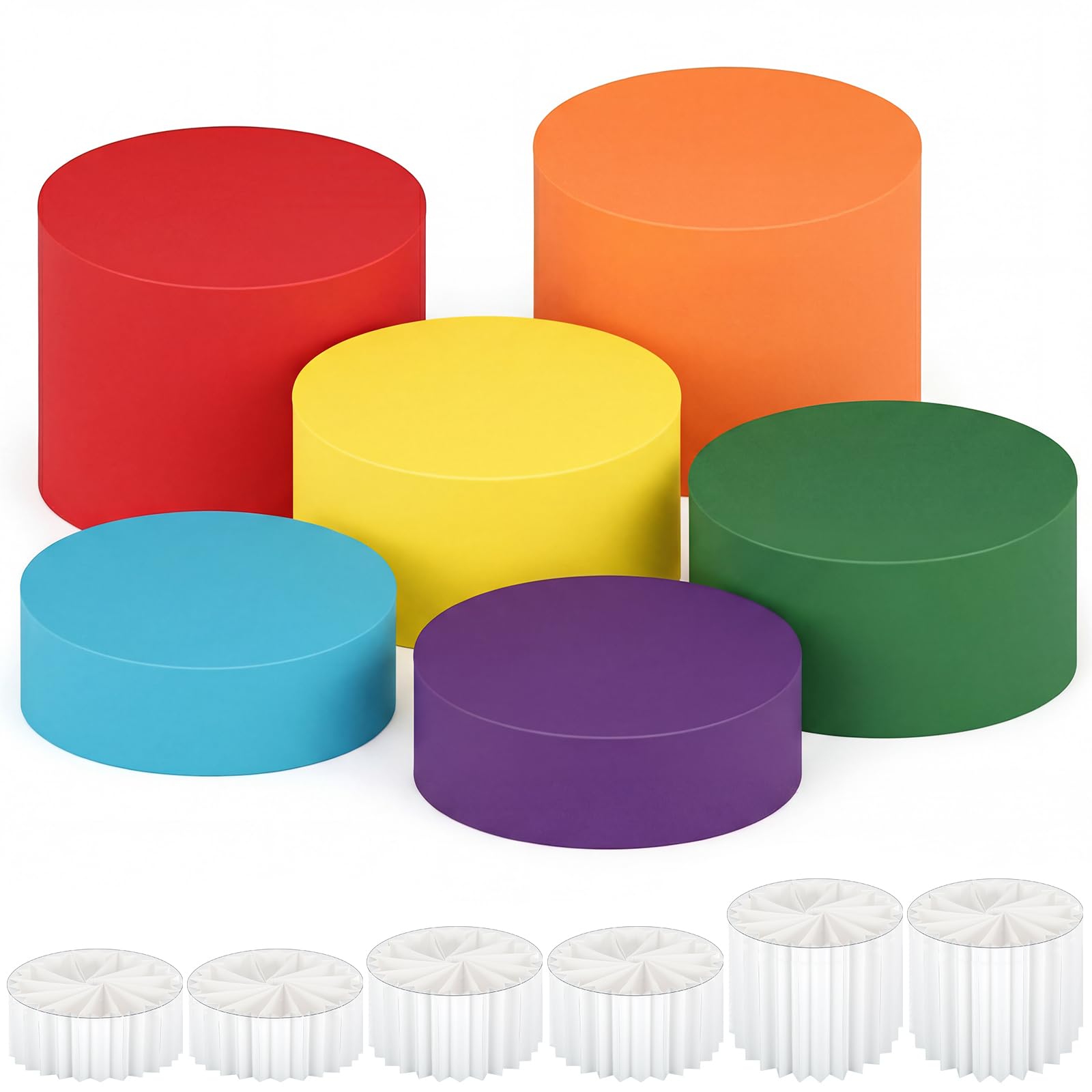 6 Pack Colorful Buffet Risers with Acrylic & Cardboard Foldable Cake Display Stands for Dessert Table Rainbow Color Cylinder Stand Heavy-duty Cake Riser Columns for Wedding Birthday, 3 Size