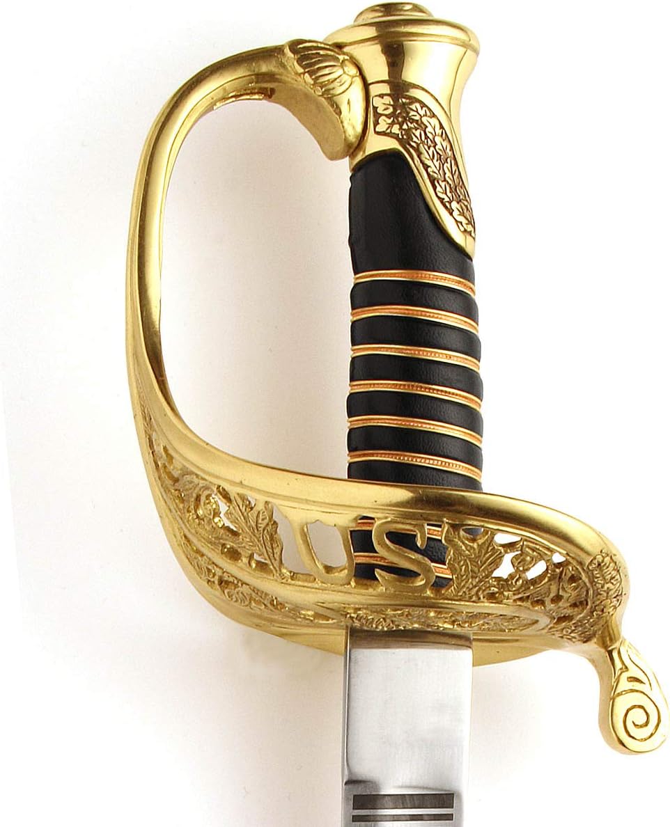 Hand Forged Tempered High Carbon Steel 1850 Staff & Field Officer's Sword Brass Guard Wire Wrapped Leather Handle Etched Blade Saber with Blue Steel Scabbard
