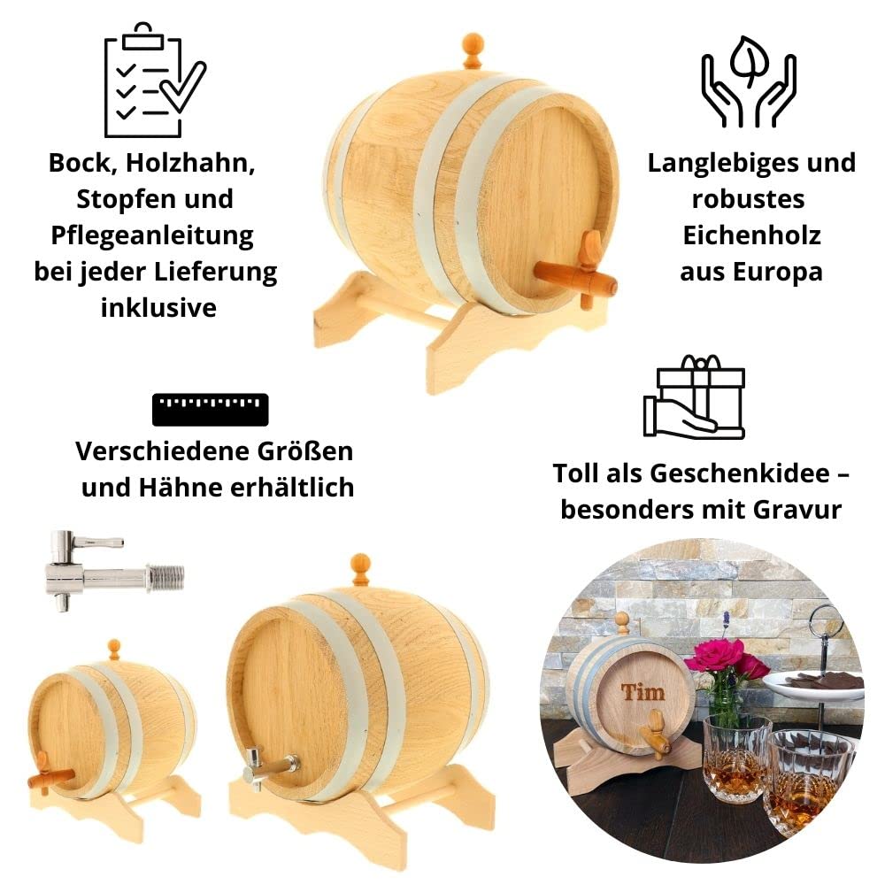 Hofmeister® 5 Liter Eiken-Fass, voor wijn, whisky & drank, traditioneel EU handwerk, inclusief instructies, kraan, stop en bok, wijnvase, klein houten vat, 27,5 x 24 x 28 cm